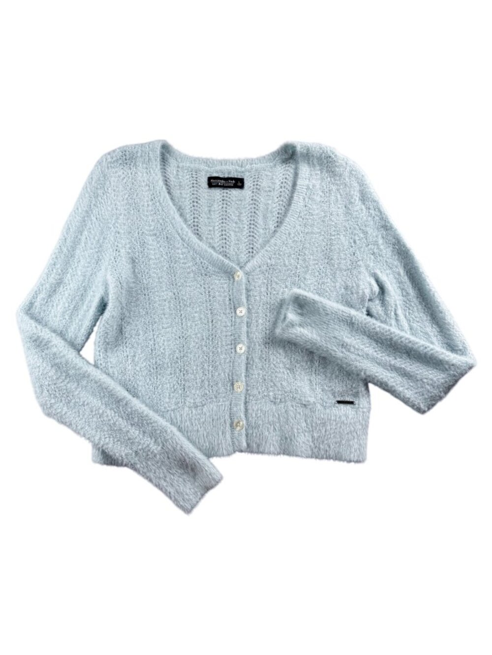 Abercrombie & Fitch Soft A&F Sweater Blue Fuzzy Cropped Pointelle Cardigan Sz L